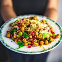 Samosa Chaat (with chutneys and sev)